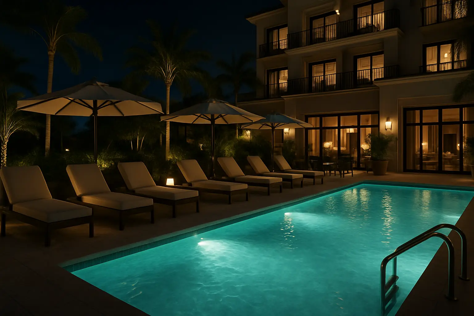 Luxury hotel pool terrace illuminated at night